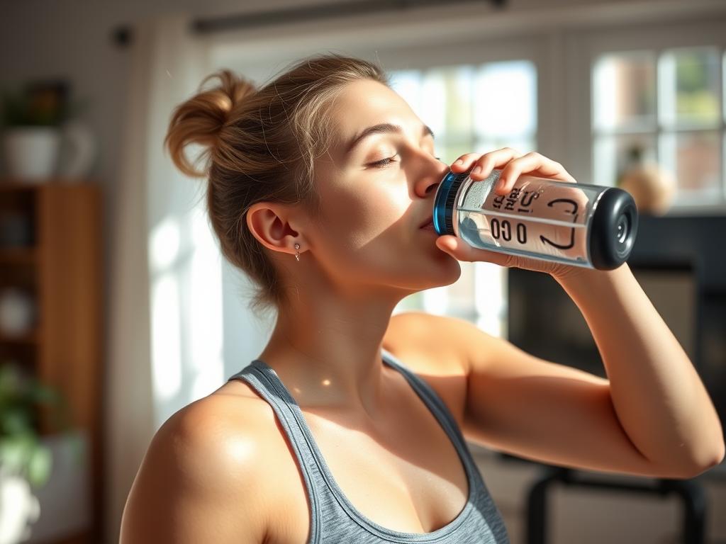 Person drinking water during 15 minute cardio workout for beginners Person drinking water during 15 minute cardio workout for beginners