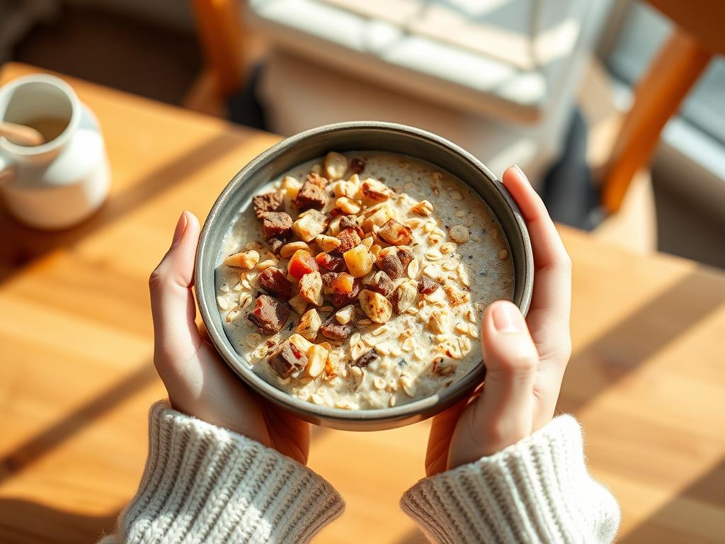 Person enjoying a bowl of oatmeal with sugar free toppings suitable for diabetics Person enjoying a bowl of oatmeal with sugar free toppings suitable for diabetics