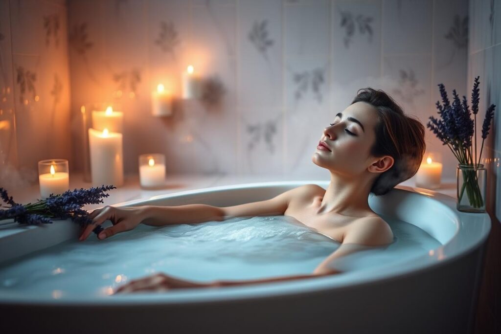Person enjoying relaxing warm bath with candles before bedtime - relaxation techniques for insomnia anxiety and better sleep Person enjoying relaxing warm bath with candles before bedtime - relaxation techniques for insomnia anxiety and better sleep