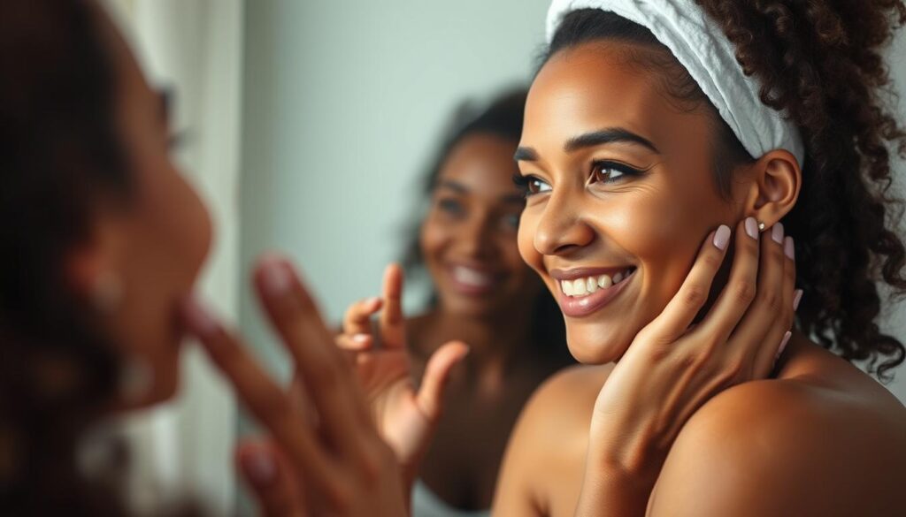 Person examining their skin in mirror with visible improvement in skin texture Person examining their skin in mirror with visible improvement in skin texture