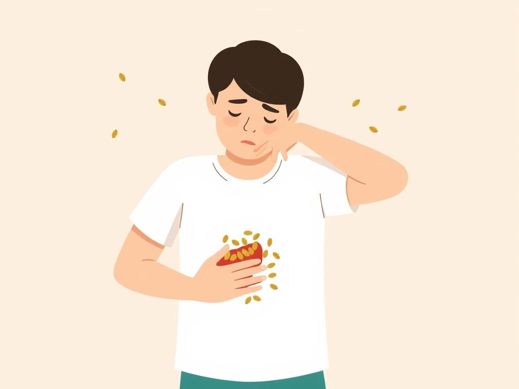 Person experiencing digestive discomfort from consuming too many seeds Person experiencing digestive discomfort from consuming too many seeds