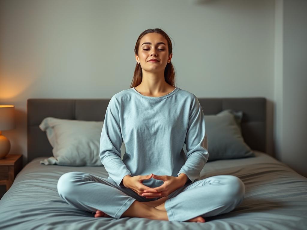 Person practicing mindfulness meditation in bedroom setting - relaxation techniques for insomnia anxiety and better sleep Person practicing mindfulness meditation in bedroom setting - relaxation techniques for insomnia anxiety and better sleep
