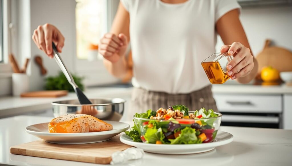 Person preparing a balanced meal with omega-3 and omega-6 sources Person preparing a balanced meal with omega-3 and omega-6 sources