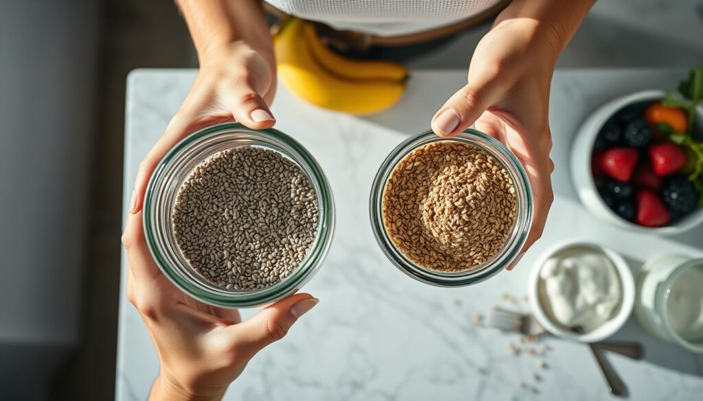 Person preparing both chia seeds and flaxseeds for consumption Person preparing both chia seeds and flaxseeds for consumption