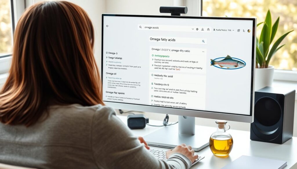 Person researching omega fatty acids on computer Person researching omega fatty acids on computer