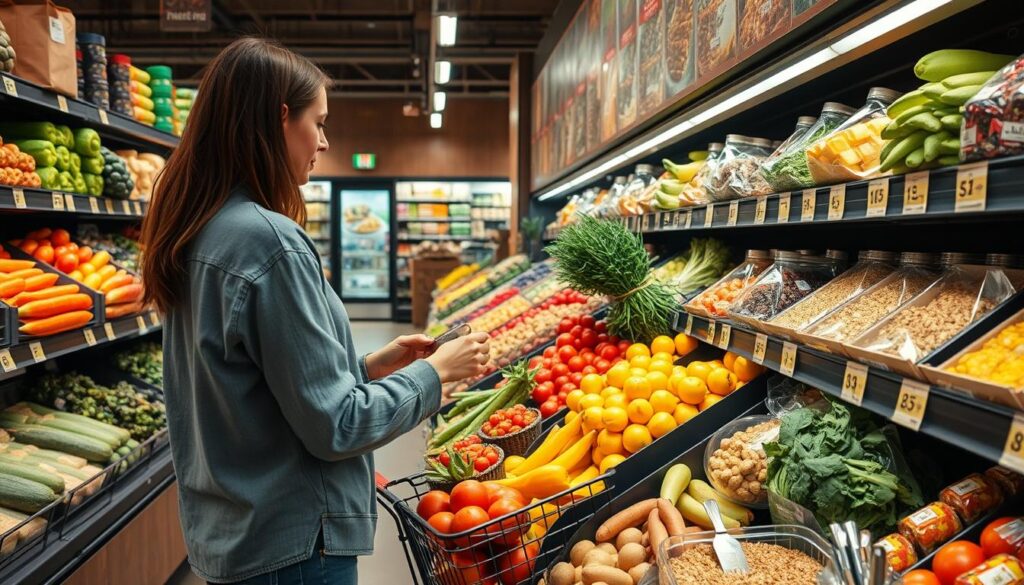 Person shopping for high fiber foods in grocery store produce section Person shopping for high fiber foods in grocery store produce section