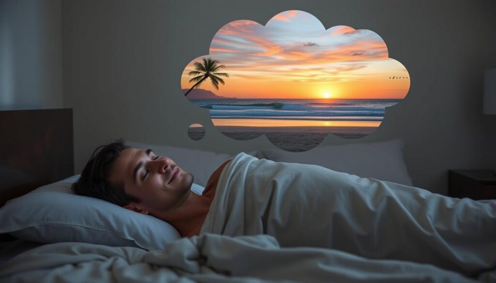 Person visualizing peaceful beach scene while lying in bed - relaxation techniques for insomnia anxiety and better sleep Person visualizing peaceful beach scene while lying in bed - relaxation techniques for insomnia anxiety and better sleep
