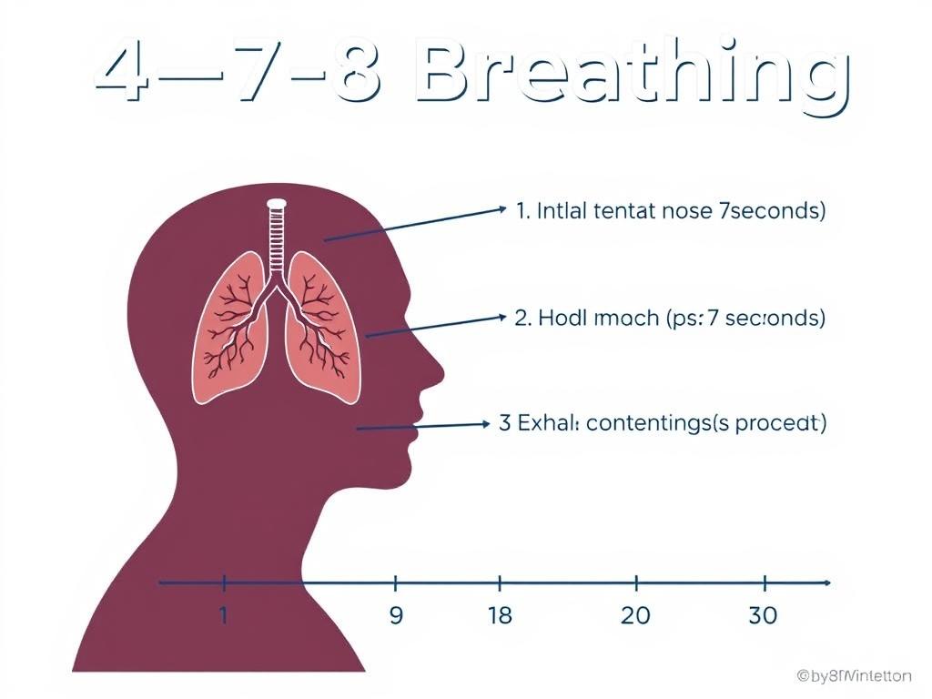 Step-by-step illustration of the 4-7-8 breathing technique pattern - relaxation techniques for insomnia anxiety and better sleep Step-by-step illustration of the 4-7-8 breathing technique pattern - relaxation techniques for insomnia anxiety and better sleep