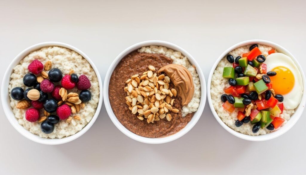 Three different diabetic-friendly oatmeal bowls with various sugar free toppings Three different diabetic-friendly oatmeal bowls with various sugar free toppings