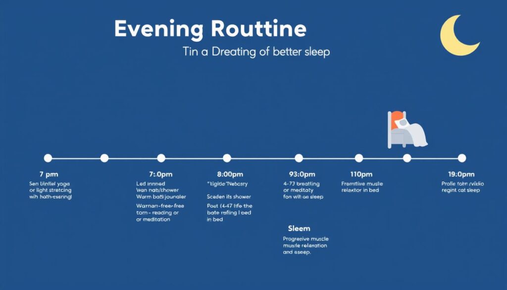 Timeline showing optimal evening routine incorporating relaxation techniques - relaxation techniques for insomnia anxiety and better sleep Timeline showing optimal evening routine incorporating relaxation techniques - relaxation techniques for insomnia anxiety and better sleep