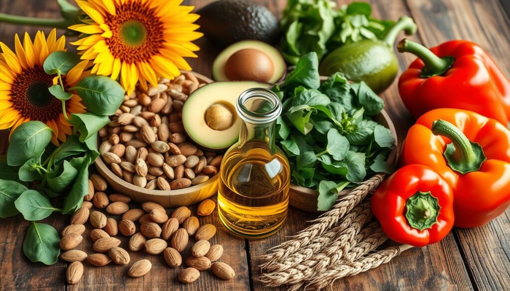 Variety of vitamin E rich foods including nuts, seeds, leafy greens, and vegetable oils arranged on a wooden table Variety of vitamin E rich foods including nuts, seeds, leafy greens, and vegetable oils arranged on a wooden table