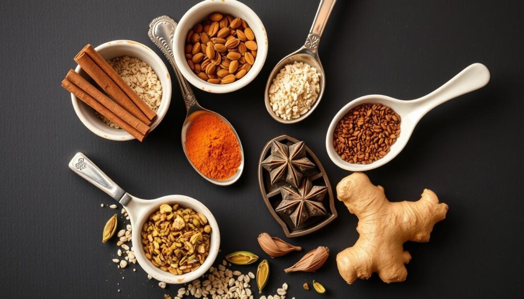 Various spices used as sugar free oatmeal toppings for diabetics including cinnamon, nutmeg, and vanilla Various spices used as sugar free oatmeal toppings for diabetics including cinnamon, nutmeg, and vanilla