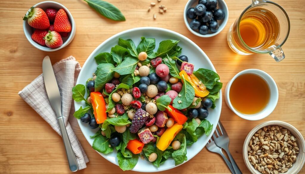 Vibrant plant-based meal with various collagen-boosting foods Vibrant plant-based meal with various collagen-boosting foods