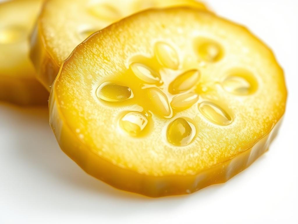 Close-up of KFC pickle slices showing their texture and brine Close-up of KFC pickle slices showing their texture and brine