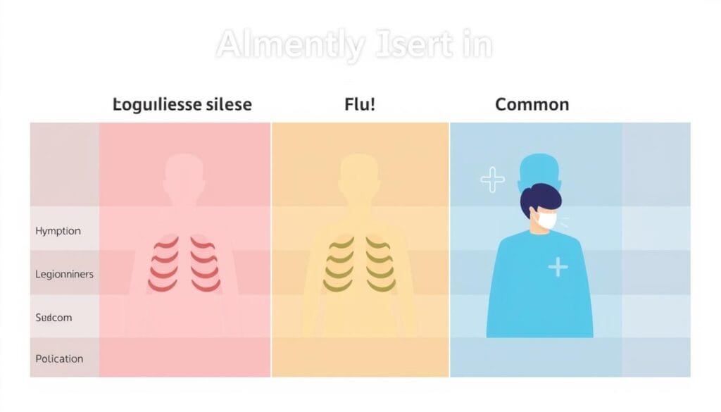 Comparison chart showing early symptoms of Legionnaires' disease versus common cold and flu Comparison chart showing early symptoms of Legionnaires' disease versus common cold and flu