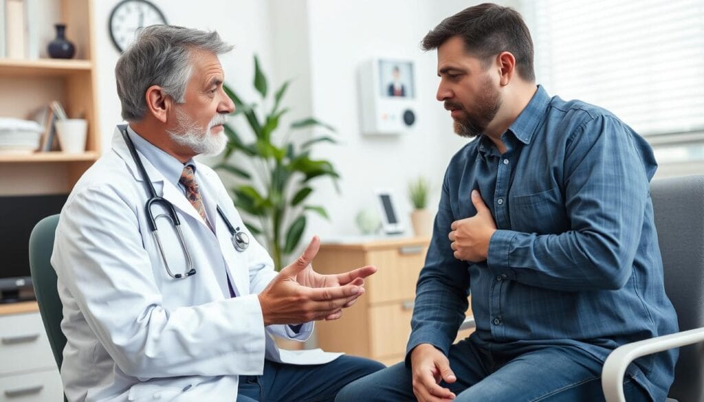 Doctor consulting with patient about early symptoms of Legionnaires' disease Doctor consulting with patient about early symptoms of Legionnaires' disease