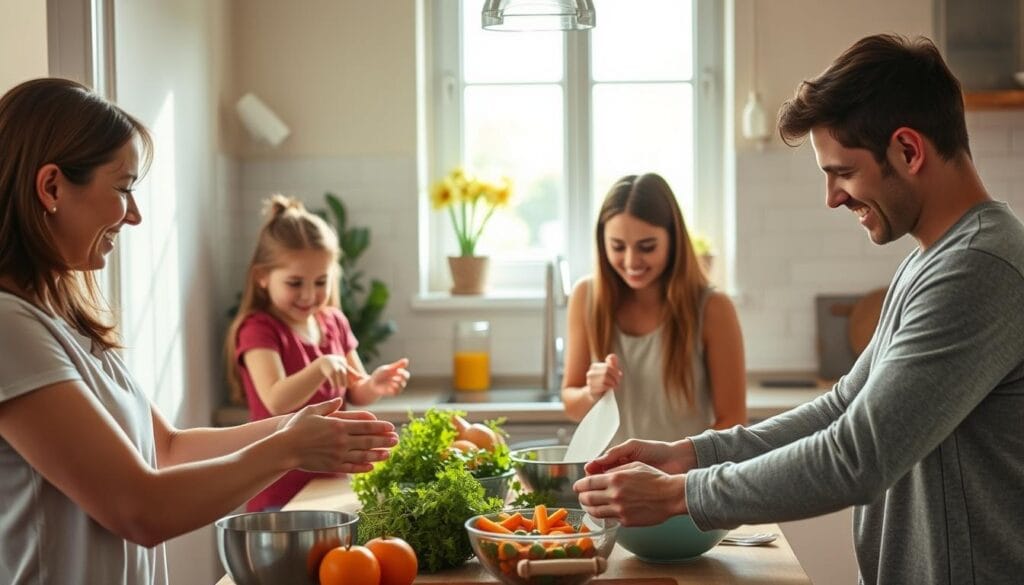 Family safely preparing a meal with proper food handling techniques to prevent Salmonella Family safely preparing a meal with proper food handling techniques to prevent Salmonella
