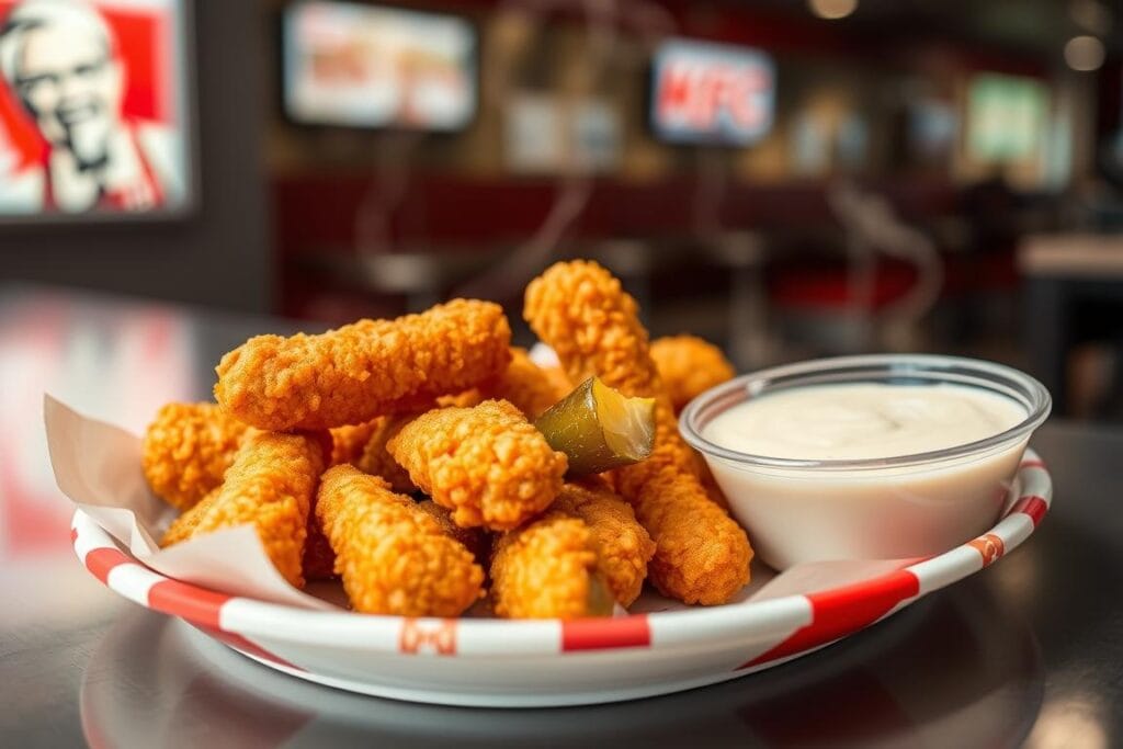 KFC Fried Pickles with dipping sauce showing the golden-brown breading KFC Fried Pickles with dipping sauce showing the golden-brown breading