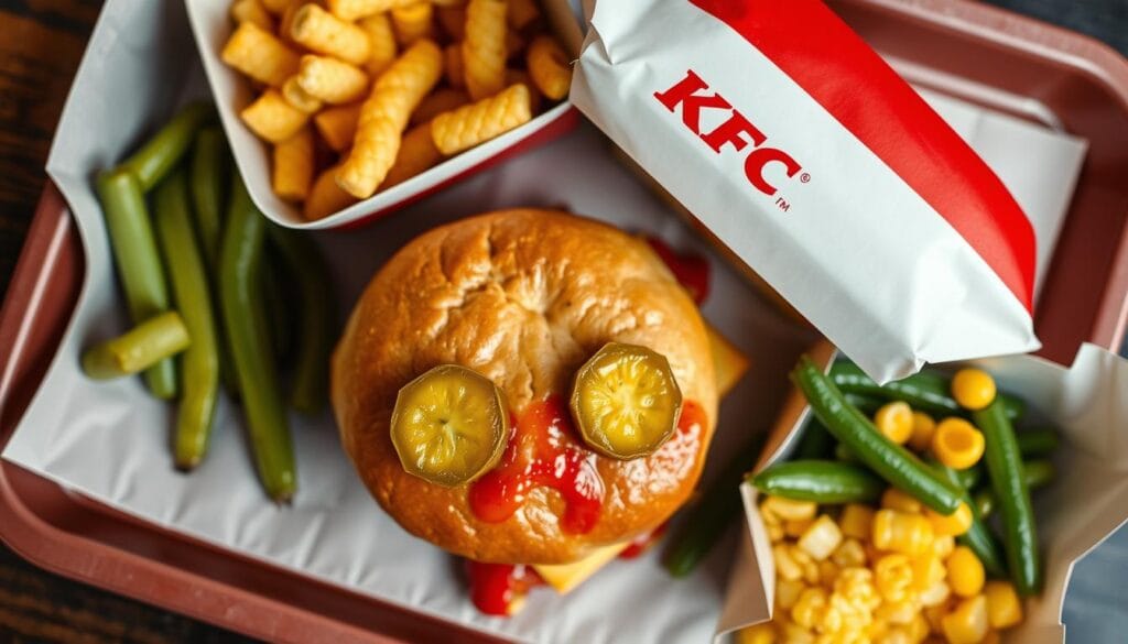 KFC meal with pickles visible alongside healthier side options representing balanced choices KFC meal with pickles visible alongside healthier side options representing balanced choices