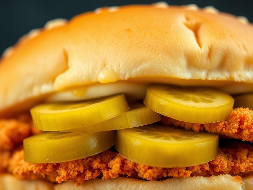 KFC sandwich with visible pickle slices showing how they're incorporated into menu items KFC sandwich with visible pickle slices showing how they're incorporated into menu items