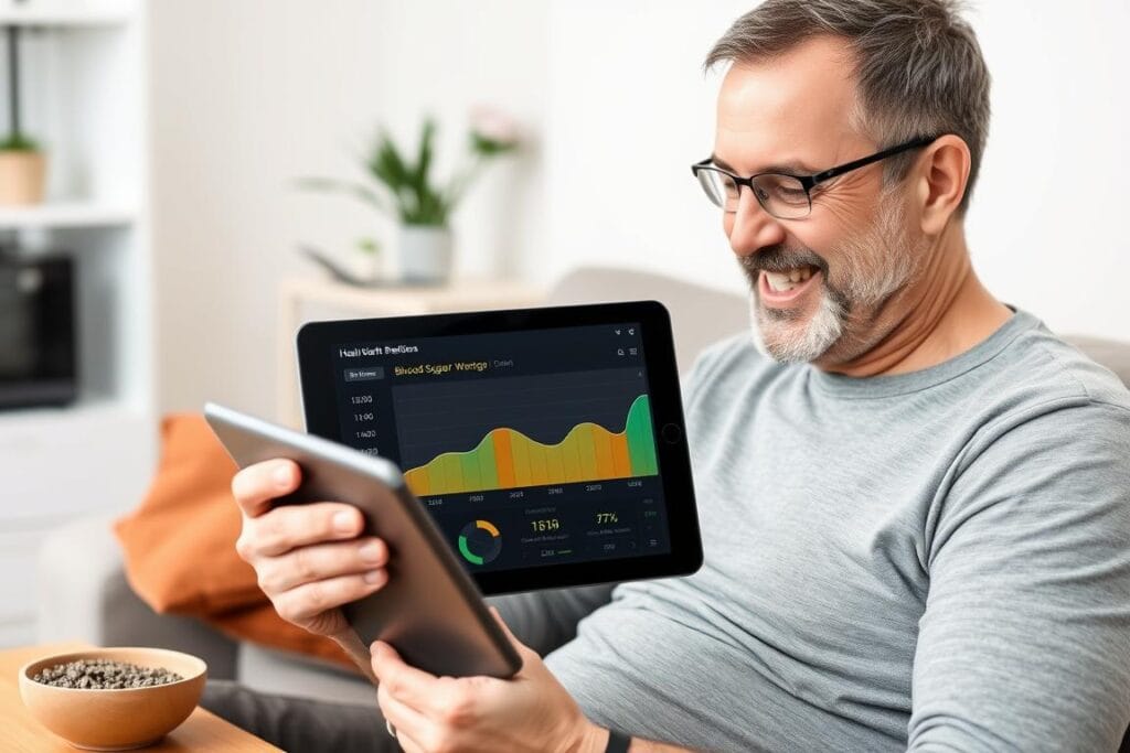 Man showing improved health metrics chart after using chia seeds for weight loss Man showing improved health metrics chart after using chia seeds for weight loss