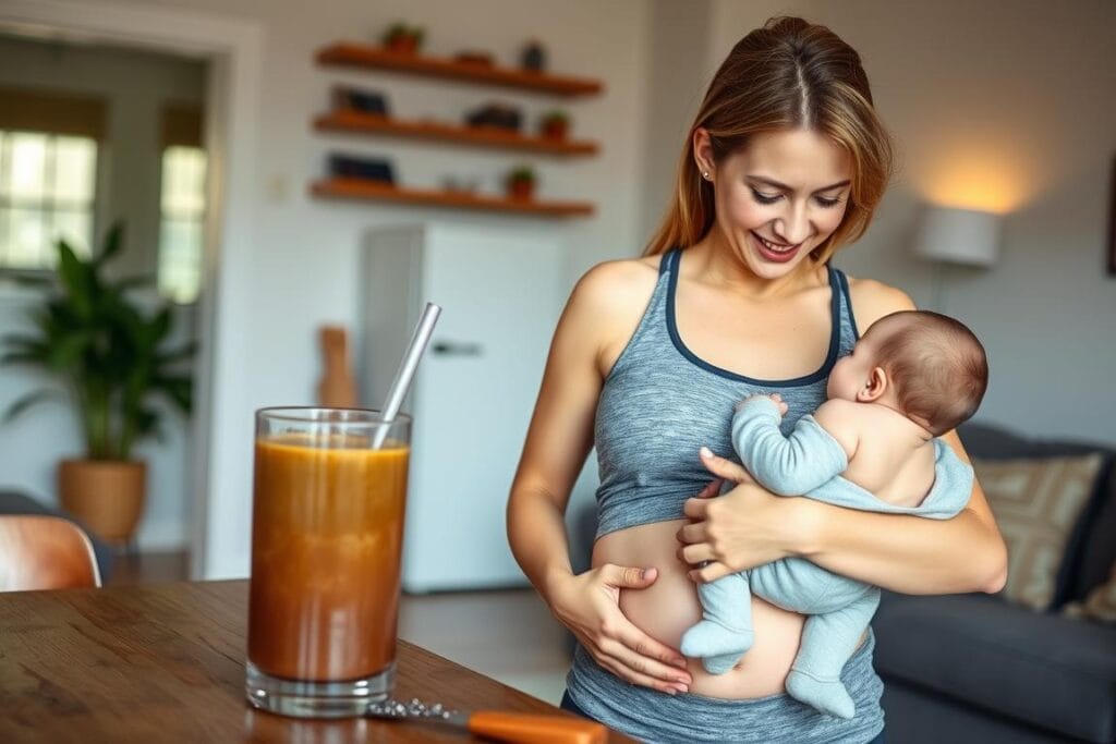 New mother holding baby while showing weight loss results from chia seeds for weight loss New mother holding baby while showing weight loss results from chia seeds for weight loss