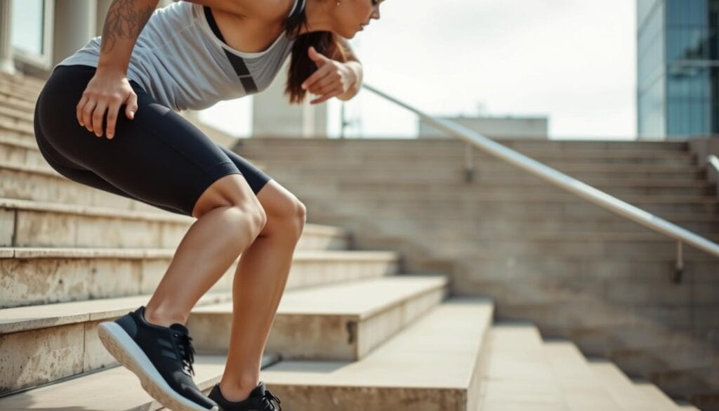 Person climbing stairs as cardio workout to lose belly fat Person climbing stairs as cardio workout to lose belly fat