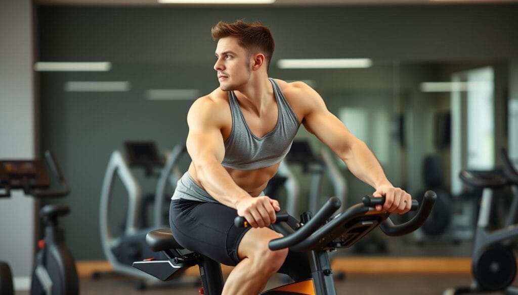 Person cycling on stationary bike for cardio workout to lose belly fat Person cycling on stationary bike for cardio workout to lose belly fat
