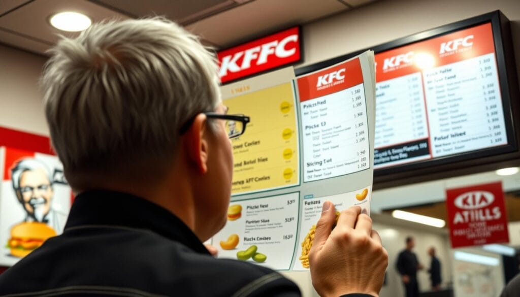 Person examining KFC menu with focus on pickle options representing consumer questions Person examining KFC menu with focus on pickle options representing consumer questions