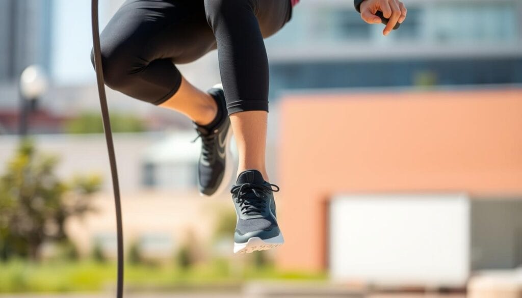 Person jumping rope as cardio exercise to lose belly fat Person jumping rope as cardio exercise to lose belly fat