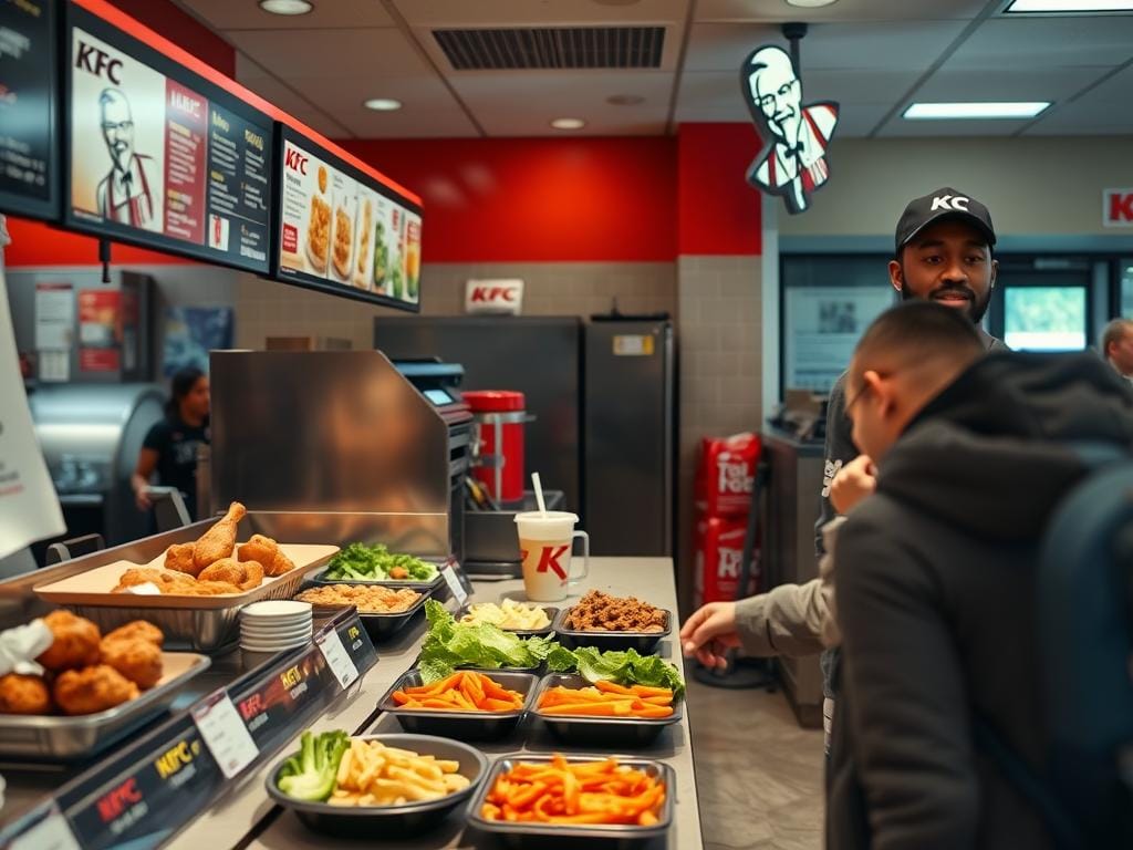 Person making healthy food choices at KFC focusing on grilled options and vegetables Person making healthy food choices at KFC focusing on grilled options and vegetables