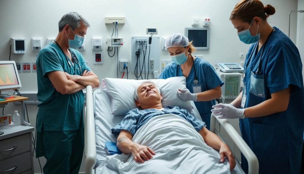 Person recovering from early symptoms of Legionnaires' disease with medical support Person recovering from early symptoms of Legionnaires' disease with medical support