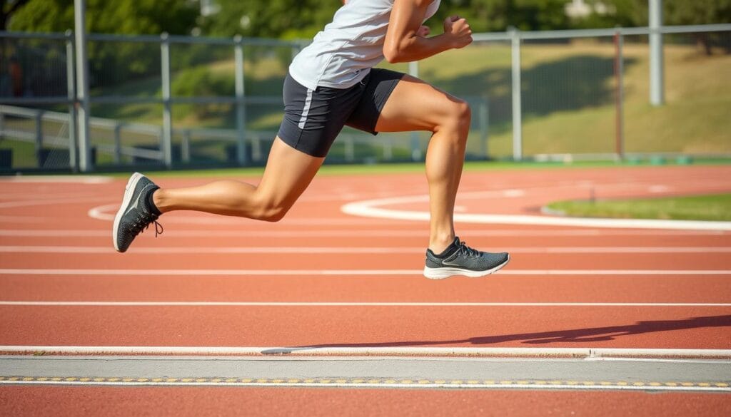 Person sprinting on a track for cardio workout to lose belly fat Person sprinting on a track for cardio workout to lose belly fat