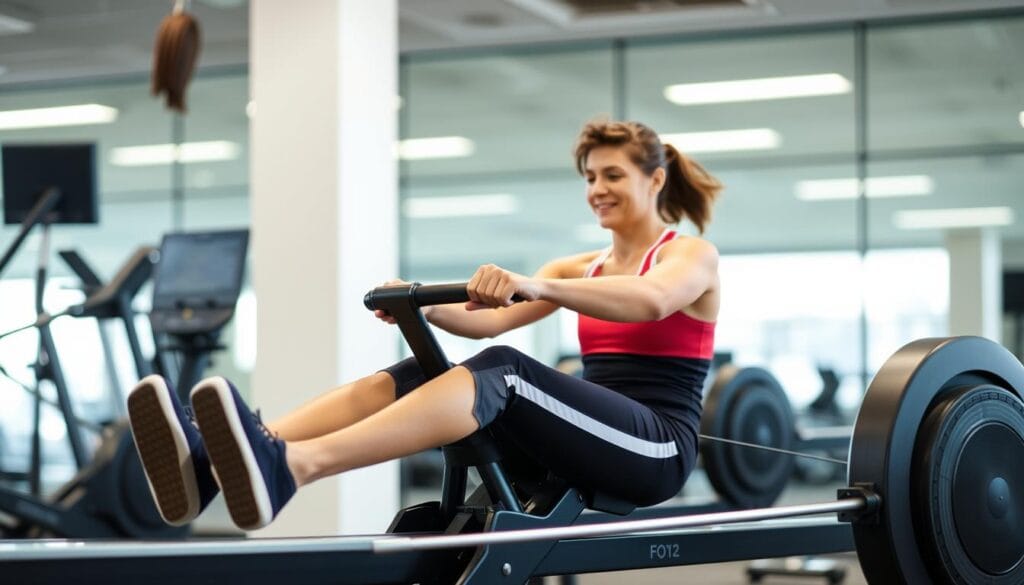 Person using rowing machine for cardio workout to lose belly fat Person using rowing machine for cardio workout to lose belly fat