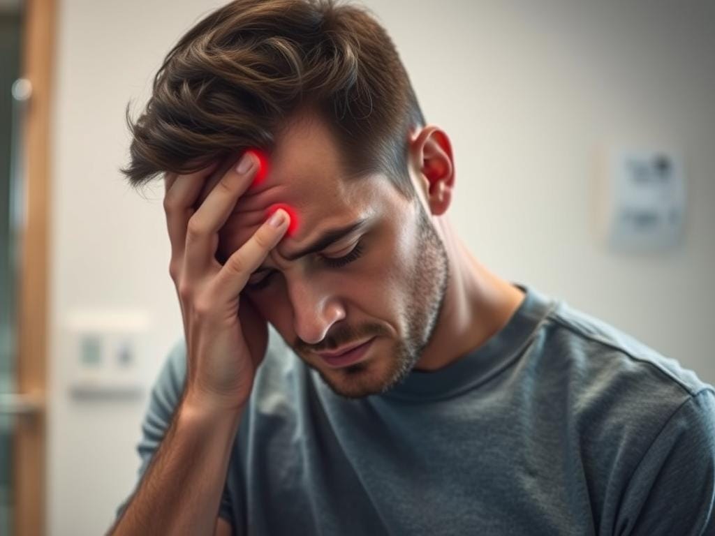 Person with fever and headache showing early symptoms of Legionnaires' disease Person with fever and headache showing early symptoms of Legionnaires' disease