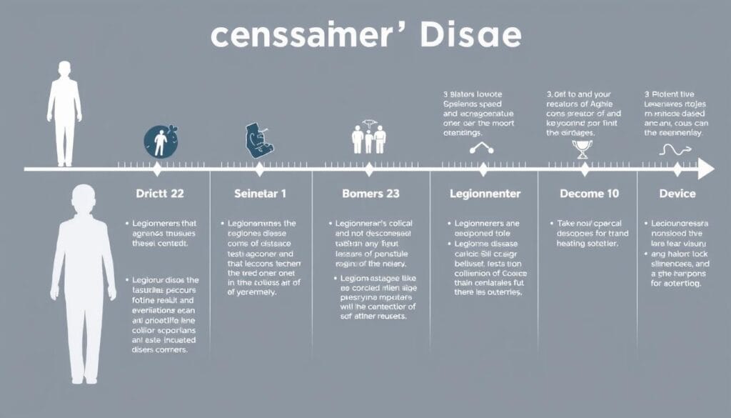 Timeline showing progression of early symptoms of Legionnaires' disease over days Timeline showing progression of early symptoms of Legionnaires' disease over days