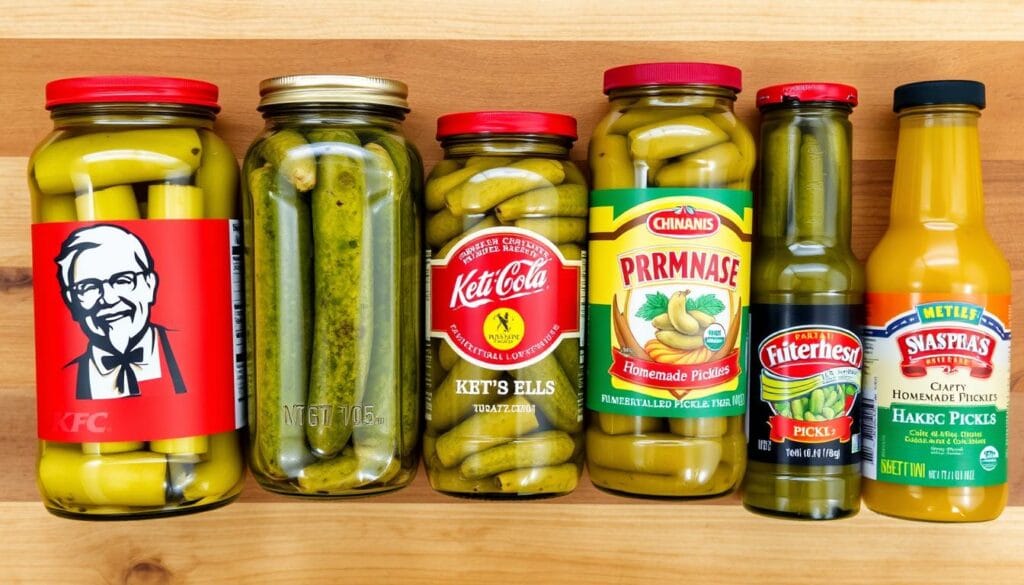 Various pickle types including KFC, homemade, and other commercial brands for comparison Various pickle types including KFC, homemade, and other commercial brands for comparison